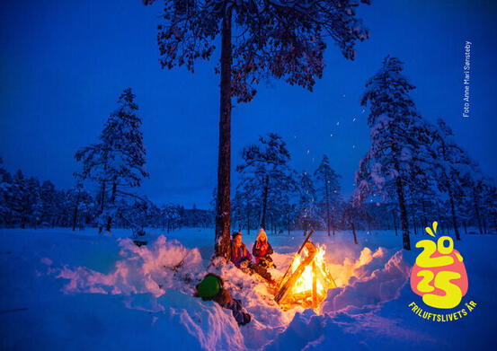 Bål i skogen en fin vinterkveld, med mye snø.