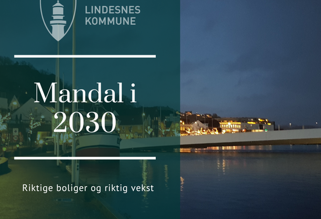 Illustrajonsbilde med teksten Mandal i 2030. Riktige boliger og riktig vekst. Bakgrunnsbilde som viser elva i Mandal, litt av bebyggelsen på kaien og broa over til Buen.