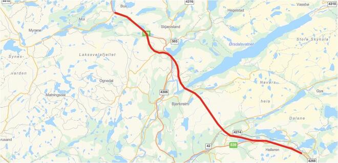 Viser ett kart over nye E39 mellom Bilstad og Bue, tegnet med rød strek