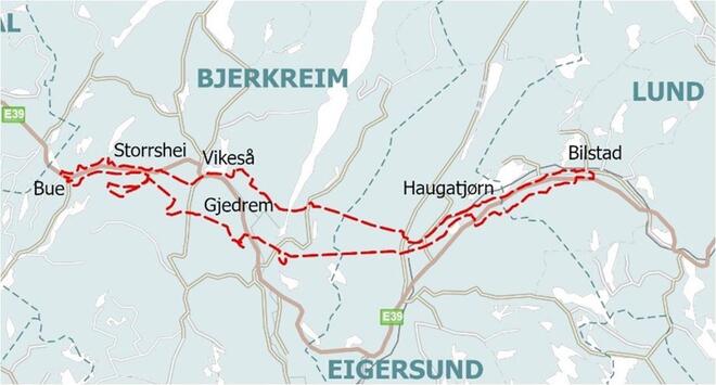 Oversiktskart over ny E39 Dalane