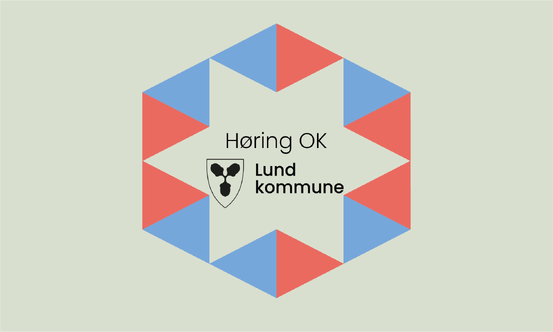 Røde og blåe trekanter i ring rundt skilttekst Høring OK lund kommune