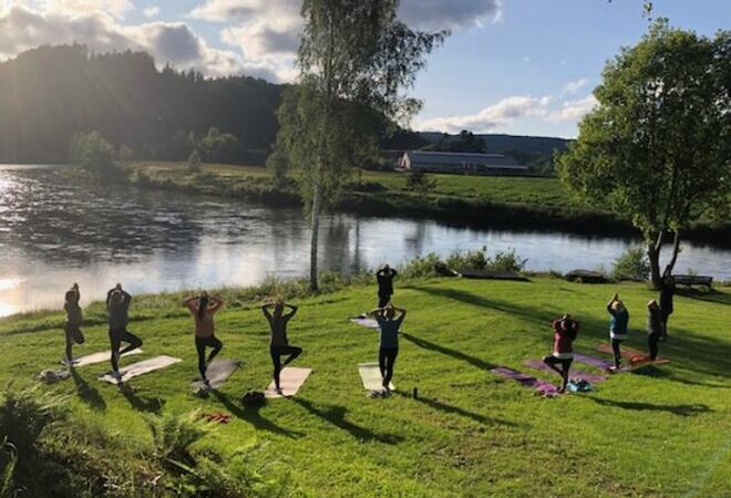Flere mennesker som utfører yoga. De er på en grønn plen, med nærhet til elva.