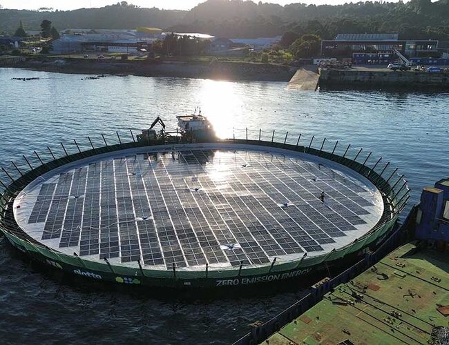 Ferdigbygget merd med solcelleanlegg og sjøløvebeskyttelse i Huar Norte, Chile. Foto: AKVA group