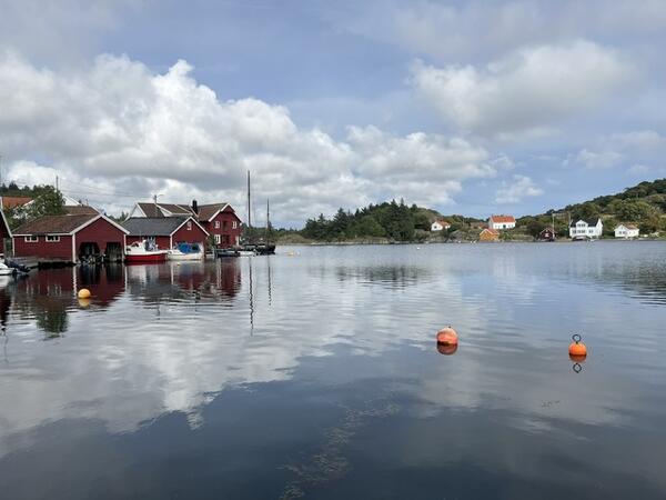 Bilde tatt på sjøen. En ser to oransje dobber, røde båthus til venstre  og hvite hus til høyre i bilde