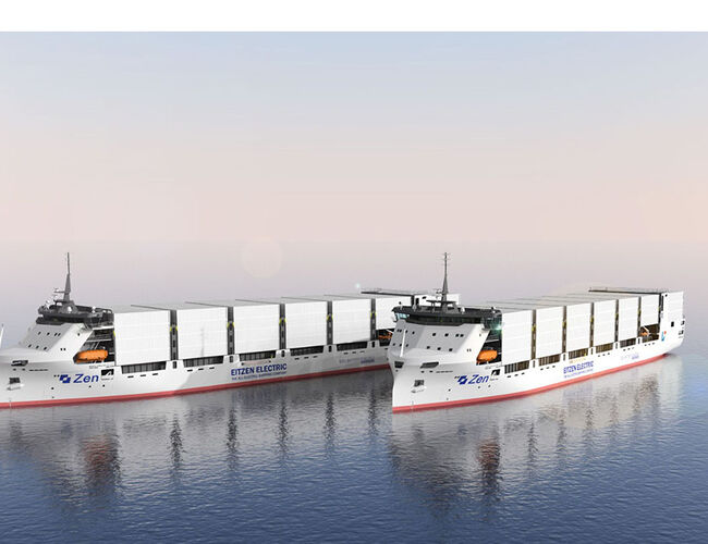 Disse containerskipene skal seile mellom Norge, Sverige og Tyskland. Illustrasjon: Naval Dynamics.