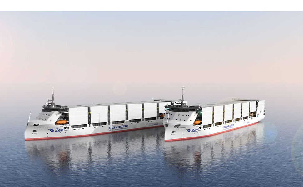 Disse containerskipene skal seile mellom Norge, Sverige og Tyskland. Illustrasjon: Naval Dynamics.