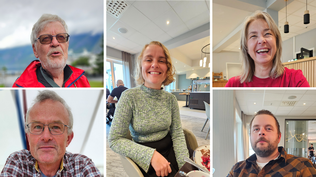Me tok ein prat med fem stykk som fortel om store opplevingar på Landskappleiken. F. v. Rolv Brimi, Jon Lilleslett, Ingrid Fossum, Margrete Nordmoen og Eivind Kjorstad. Foto: Kjellbjørn Karsrud.
