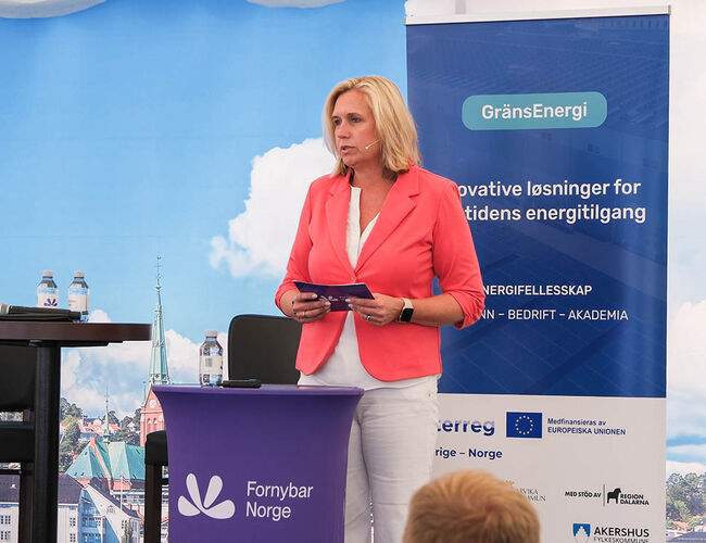 – Norske bedrifter tar stadig større markedsandeler innen solkraft internasjonalt, og solkraft representerer en enorm mulighet for norsk næringsliv, sier Trine Kopstad Berentsen, direktør for solenergi og energisamfunn i Fornybar Norge. Her fotografert på årets Arendalsuke. Foto: Ingeborg Aarø/ Fornybar Norge