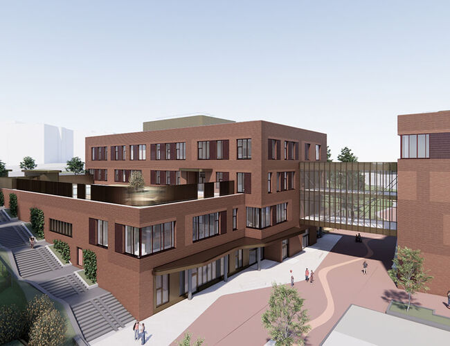 Nye Ellingsrudåsen skole blir to nybygg forbundet med en bro, og får plass til blant annet bibliotek, gymsal, samlingsrom og arealer for Aktivitetsskolen. Foreløpig arbeidsskisse/illustrasjon: L2 Arkitekter AS / Oslobygg KF