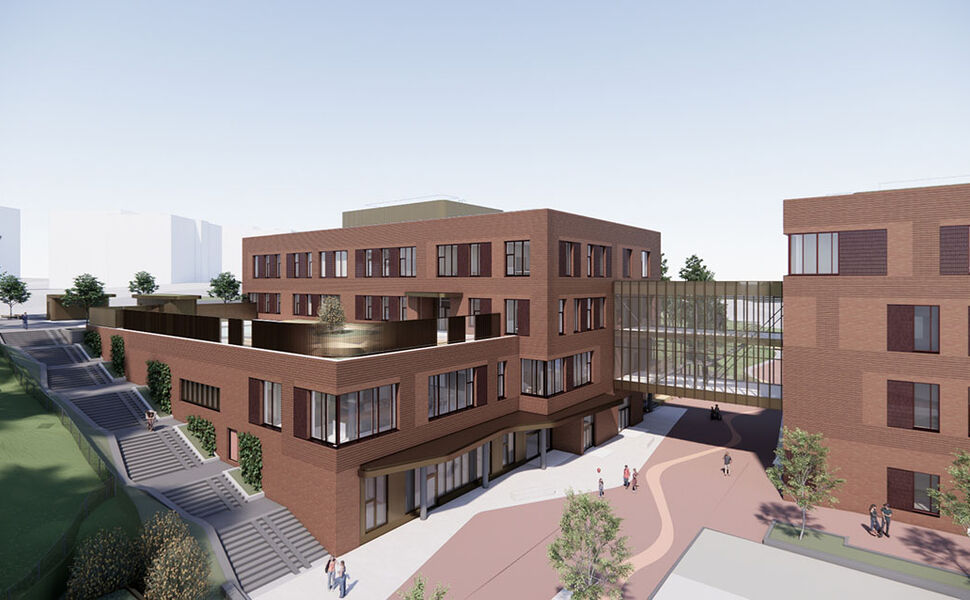 Nye Ellingsrudåsen skole blir to nybygg forbundet med en bro, og får plass til blant annet bibliotek, gymsal, samlingsrom og arealer for Aktivitetsskolen. Foreløpig arbeidsskisse/illustrasjon: L2 Arkitekter AS / Oslobygg KF