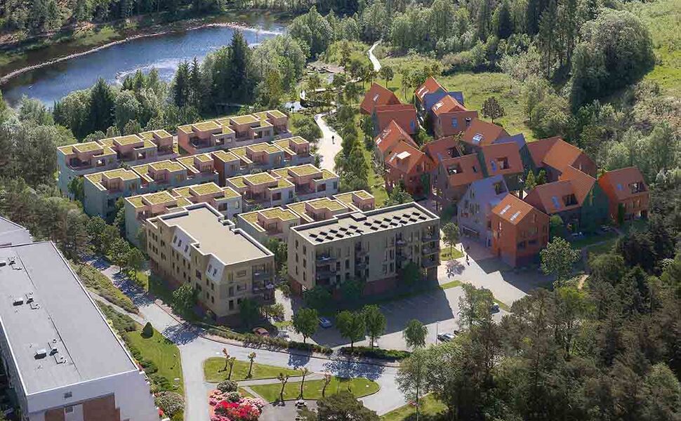 Barlia boligfelt i Bergen er ett eksempel hvor LINK Arkitektur har svart ut de anbefalte strakstiltakene fra Arkitektbedriftene. Illustrasjon: PART Visuals