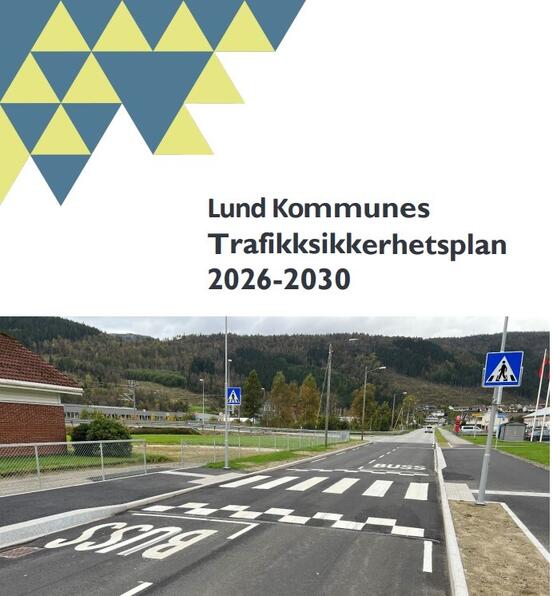 Bilde av trekanter i logo, vei med buss stopp og gangfelt