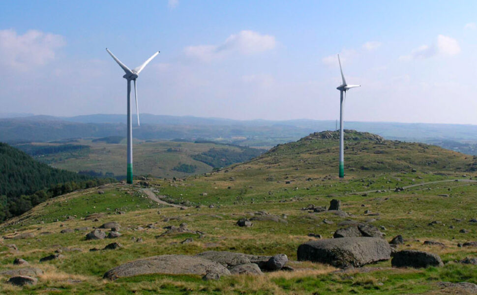 Solvind Åsen II vindkraftverk ligger ved Bryne i Time kommune. Foto: Eidsiva
