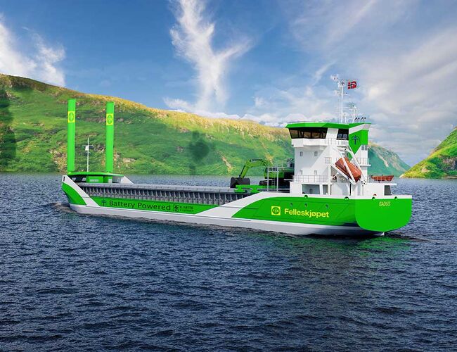Rederiet K. Sætre planlegger nytt batterielektrisk frakteskip som skal gå langs kysten med korn og gjødsel for Felleskjøpet. Felleskjøpet Agri planlegger ladeanlegg på Vestnes og i Moss. Illustrasjon: K. Sætre Rederi Rederiet K. Sætre planlegger nytt batterielektrisk frakteskip som skal gå langs kysten med korn og gjødsel for Felleskjøpet. Felleskjøpet Agri planlegger ladeanlegg på Vestnes og i Moss. Illustrasjon: K. Sætre Rederi