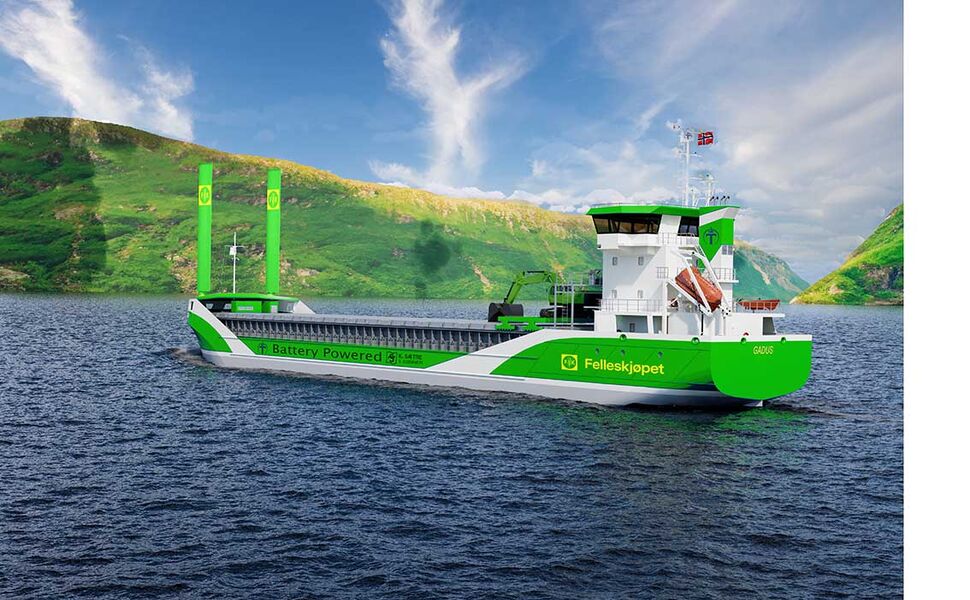 Rederiet K. Sætre planlegger nytt batterielektrisk frakteskip som skal gå langs kysten med korn og gjødsel for Felleskjøpet. Felleskjøpet Agri planlegger ladeanlegg på Vestnes og i Moss. Illustrasjon: K. Sætre Rederi