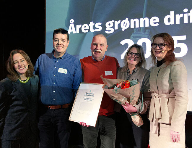 Fra venstre: Mie Fuglseth (Grønn Byggallianse), Team Statens vegvesen ved Martin H. Sæther, Glenn Tony Svensen og Monica Kristiansen og statssekretær i Energidepartementet Marte H. Grindaker (Ap). Foto: Grønn Byggallianse Fra venstre: Mie Fuglseth (Grønn Byggallianse), Team Statens vegvesen ved Martin H. Sæther, Glenn Tony Svensen og Monica Kristiansen og statssekretær i Energidepartementet Marte H. Grindaker (Ap). Foto: Grønn Byggallianse
