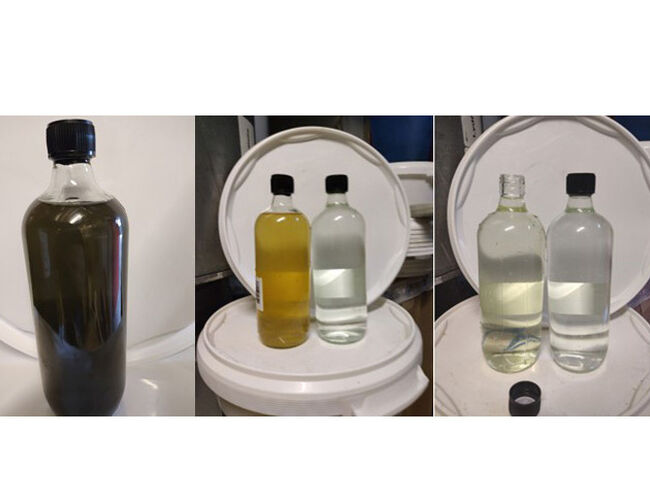 Bildet viser væsken i anlegget underveis i renseprosessen på Hallagerbakken skole, etter første skylling og etter endt skylling. Foto: Kompa