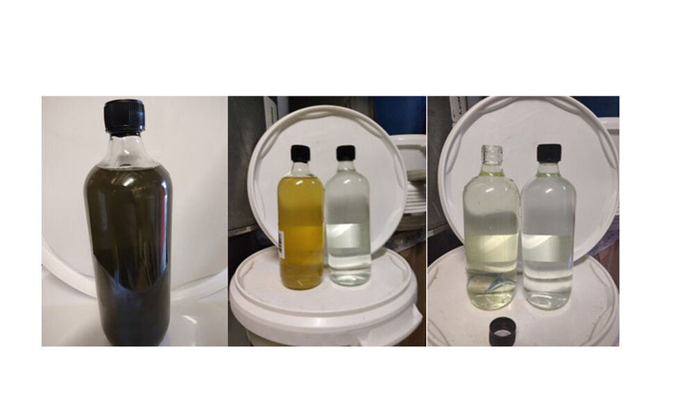 Bildet viser væsken i anlegget underveis i renseprosessen på Hallagerbakken skole, etter første skylling og etter endt skylling. Foto: Kompa Bildet viser væsken i anlegget underveis i renseprosessen på Hallagerbakken skole, etter første skylling og etter endt skylling. Foto: Kompa