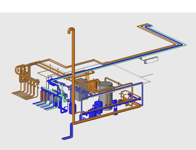 Bildet viser 3D-modelleringen av energisentralens rørtekniske installasjon. Kilde: Nordisk Energikontroll