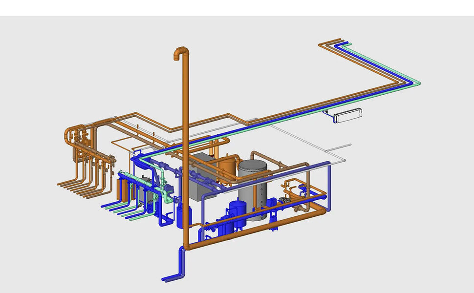 Bildet viser 3D-modelleringen av energisentralens rørtekniske installasjon. Kilde: Nordisk Energikontroll