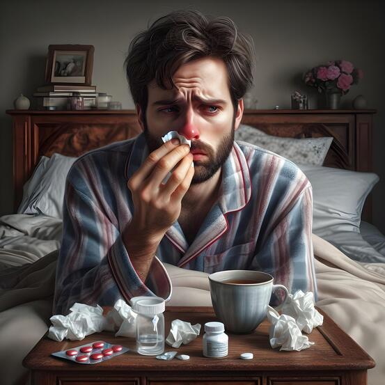 viser mann som er forkjølet, rød nese sitter i pyjamas og tørker snue