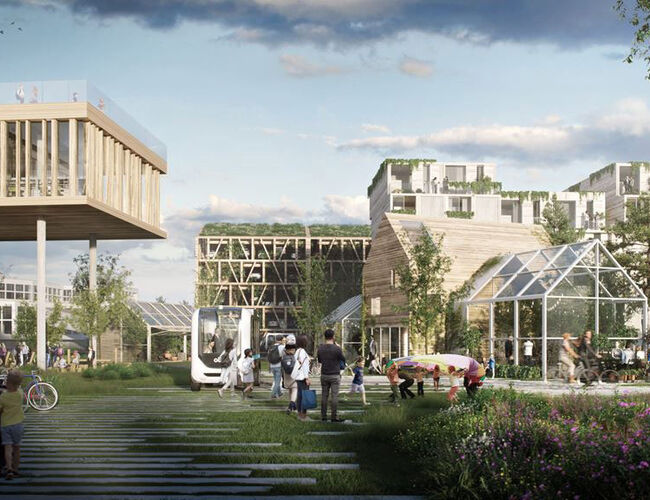 Illustrasjonen viser nullutslippsområdet  «Ny by – Ny flyplass» som skal bygges i Bodø. Ill.: Henning Larsen Arkitekter