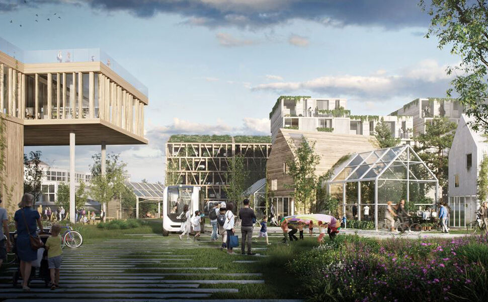 Illustrasjonen viser nullutslippsområdet «Ny by – Ny flyplass» som skal bygges i Bodø. Ill.: Henning Larsen Arkitekter Illustrasjonen viser nullutslippsområdet «Ny by – Ny flyplass» som skal bygges i Bodø. Ill.: Henning Larsen Arkitekter