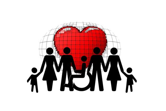 bilde av ett stort rødt hjerte med flere ulike personer foran seg