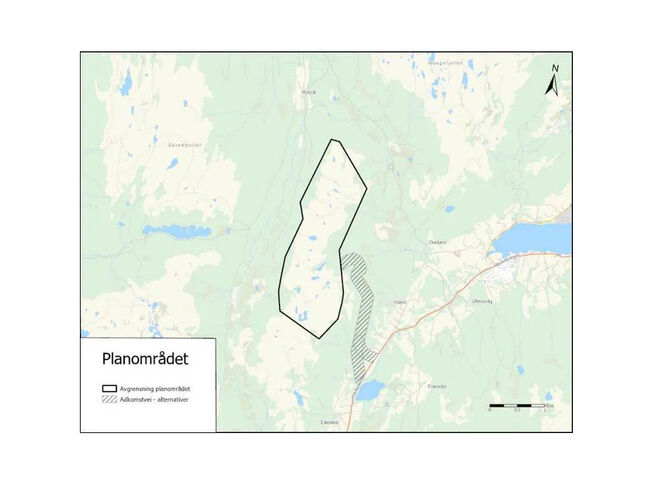 Skissen viser foreslått planområde med alternativer for adkomstvei (adkomstvei er skissert med buffersone) Kilde: Hydro Skissen viser foreslått planområde med alternativer for adkomstvei (adkomstvei er skissert med buffersone) Kilde: Hydro