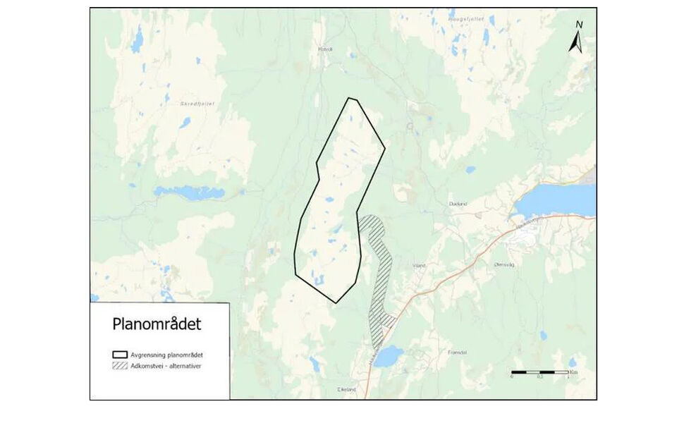 Skissen viser foreslått planområde med alternativer for adkomstvei (adkomstvei er skissert med buffersone) Kilde: Hydro Skissen viser foreslått planområde med alternativer for adkomstvei (adkomstvei er skissert med buffersone) Kilde: Hydro