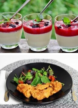 Viser pannacotta dessert og kylling middag