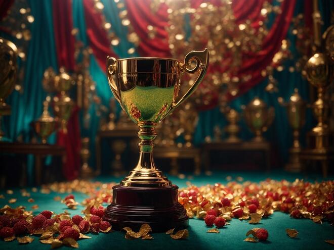 Bilde som viser en pokal i gull med med glitter og stas rundt