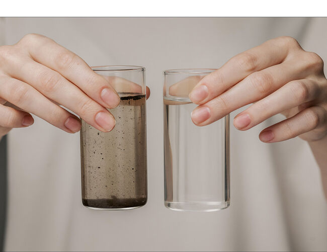 Forurenset vann i lukkede varme- og kjøleanlegg fører til økt energibruk og høyere driftskostnader. Bildet viser rent og forurenset vann. Foto: Kompa