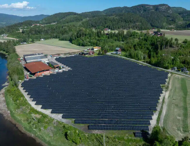 Engene solkraftverk i Larvik er bygget på grått areal, og et eksempel på solkraftverk vi trenger flere av. Foto: Kjell Løyland/Skagerak Energi