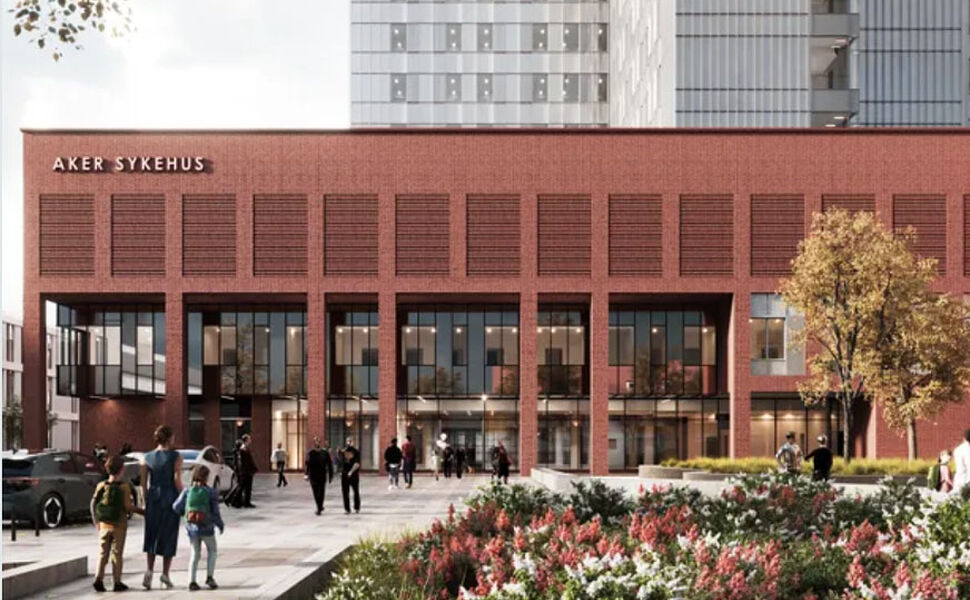 Somatikkbygget ved Nye Aker sykehus. Illustrasjon: Oslo universitetssykehus HF