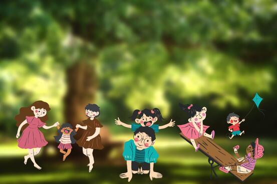 Flere barn og unge leker i en park