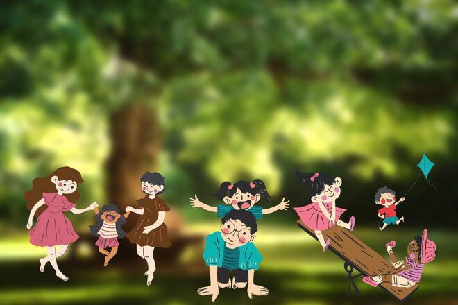 Flere barn og unge leker i en park