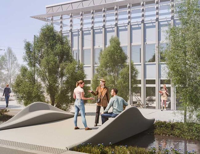 3D Broen, trappen i bakgrunnen og lyktestolpefundamentene skal 3D-printes og settes opp utenfor kantina til studentskipnaden i Sem Sælands vei. Illustrasjon: Adrian Brun Design AS 3D Broen, trappen i bakgrunnen og lyktestolpefundamentene skal 3D-printes og settes opp utenfor kantina til studentskipnaden i Sem Sælands vei. Illustrasjon: Adrian Brun Design AS
