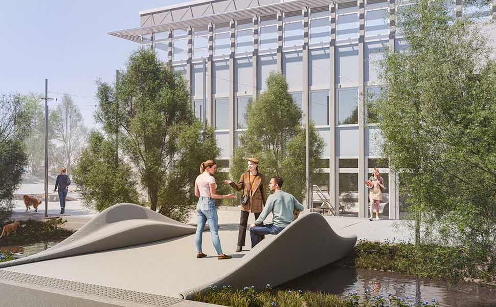 3D Broen, trappen i bakgrunnen og lyktestolpefundamentene skal 3D-printes og settes opp utenfor kantina til studentskipnaden i Sem Sælands vei. Illustrasjon: Adrian Brun Design AS 3D Broen, trappen i bakgrunnen og lyktestolpefundamentene skal 3D-printes og settes opp utenfor kantina til studentskipnaden i Sem Sælands vei. Illustrasjon: Adrian Brun Design AS