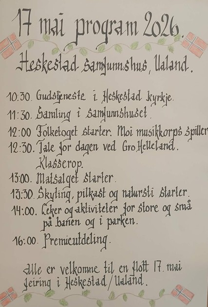 Viser håndsskrevet plakat over program for 17. mai