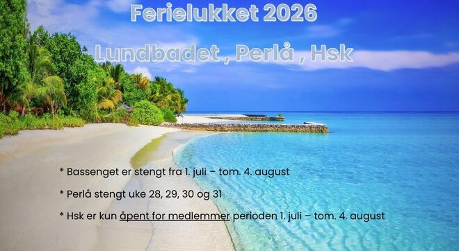 Strand, trær, sjø, med tekst over ferielukket lundbad
