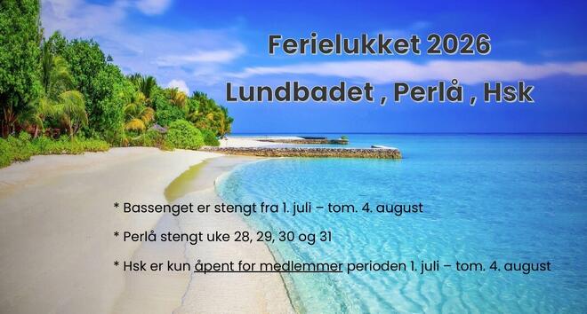 Viser ei strand som bakgrunn, med sommerstengt informasjon