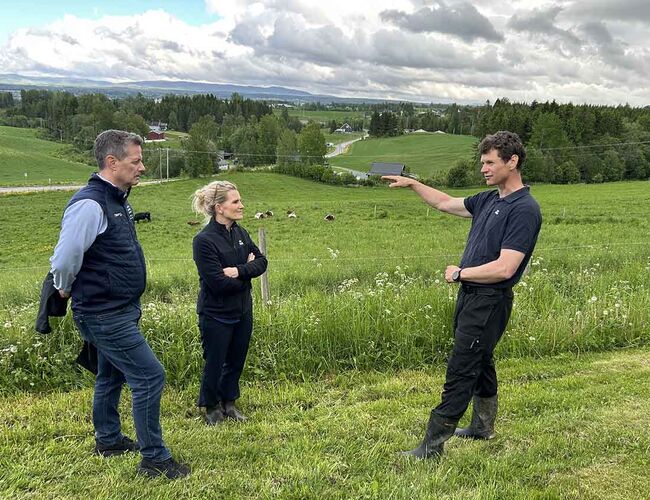 Konsernsjef i NorgesGruppen Runar Hollevik og konsernsjef i TINE Ann-Beth Freuchen på gårdsbesøk hos bonde Johannes Stikbakke. Foto: Tine Konsernsjef i NorgesGruppen Runar Hollevik og konsernsjef i TINE Ann-Beth Freuchen på gårdsbesøk hos bonde Johannes Stikbakke. Foto: Tine