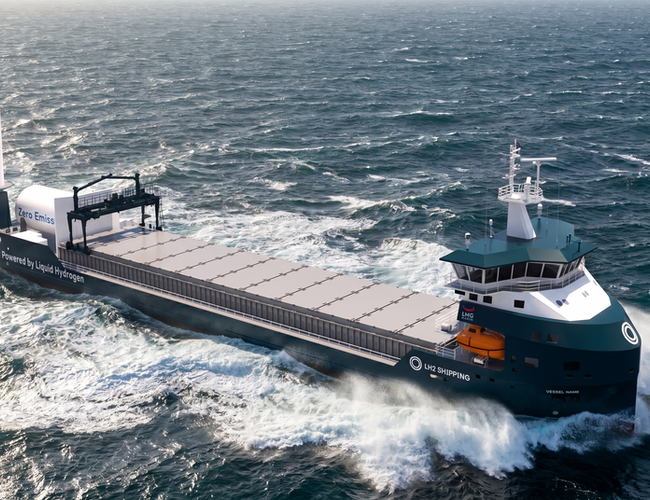 LH2 Shipping får støtte til to bulkskip som skal gå på flytende hydrogen. Illustrasjonen viser hvordan skipene vil se ut. Kilde: LH2 Shipping