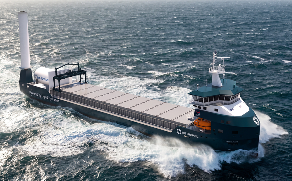 LH2 Shipping får støtte til to bulkskip som skal gå på flytende hydrogen. Illustrasjonen viser hvordan skipene vil se ut. Kilde: LH2 Shipping LH2 Shipping får støtte til to bulkskip som skal gå på flytende hydrogen. Illustrasjonen viser hvordan skipene vil se ut. Kilde: LH2 Shipping