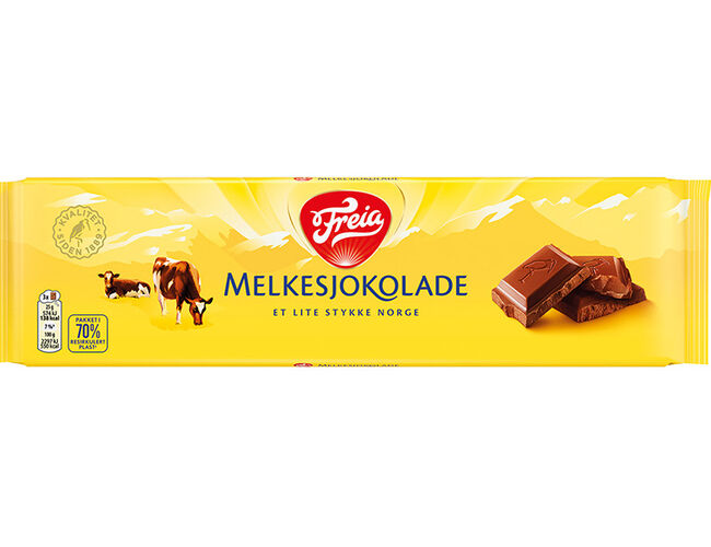 Freia Melkesjokolade med resirkulert plast-logo. Foto: Freia Freia Melkesjokolade med resirkulert plast-logo. Foto: Freia