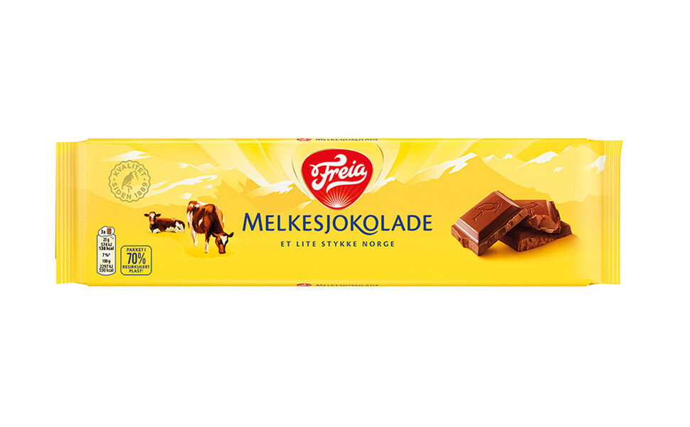 Freia Melkesjokolade med resirkulert plast-logo. Foto: Freia