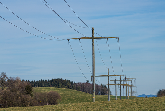 Telefon/strømlinjer over skog og jorder