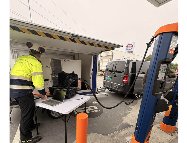 Under testen kobles Justervesenets utstyr direkte mot laderen og fungerer som en kontrollert belastning. Slik kan etaten sammenligne hvor mye energi laderen registrerer med sitt eget referanseutstyr. Foto: Recharge Under testen kobles Justervesenets utstyr direkte mot laderen og fungerer som en kontrollert belastning. Slik kan etaten sammenligne hvor mye energi laderen registrerer med sitt eget referanseutstyr. Foto: Recharge