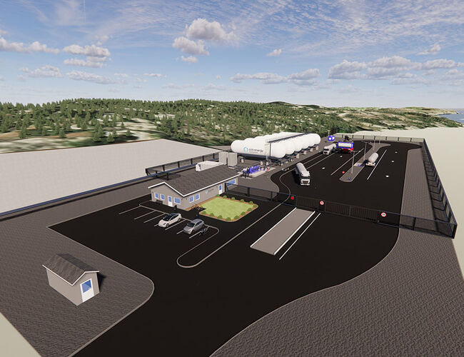 Slik er det planlagt å se ut når den nye mottaksterminalen for CO₂ i Øygarden utenfor Bergen står ferdig. Det vil bli Norges første mottaksterminal for CO₂ som man også kan nå via landtransport, og den vil gjøre det mulig for både store og små bedrifter fra hele landet å levere fra seg utslippene sine. Skisse: CCB Energy CarbonLink AS Slik er det planlagt å se ut når den nye mottaksterminalen for CO₂ i Øygarden utenfor Bergen står ferdig. Det vil bli Norges første mottaksterminal for CO₂ som man også kan nå via landtransport, og den vil gjøre det mulig for både store og små bedrifter fra hele landet å levere fra seg utslippene sine. Skisse: CCB Energy CarbonLink AS